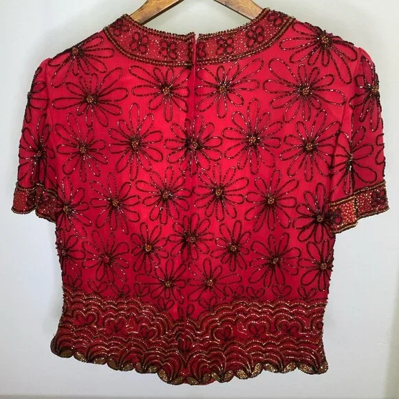 Vintage Adrianna Papéll Red Beaded Short Sleeve Formal Blouse 100% Silk - Picture 4 of 4